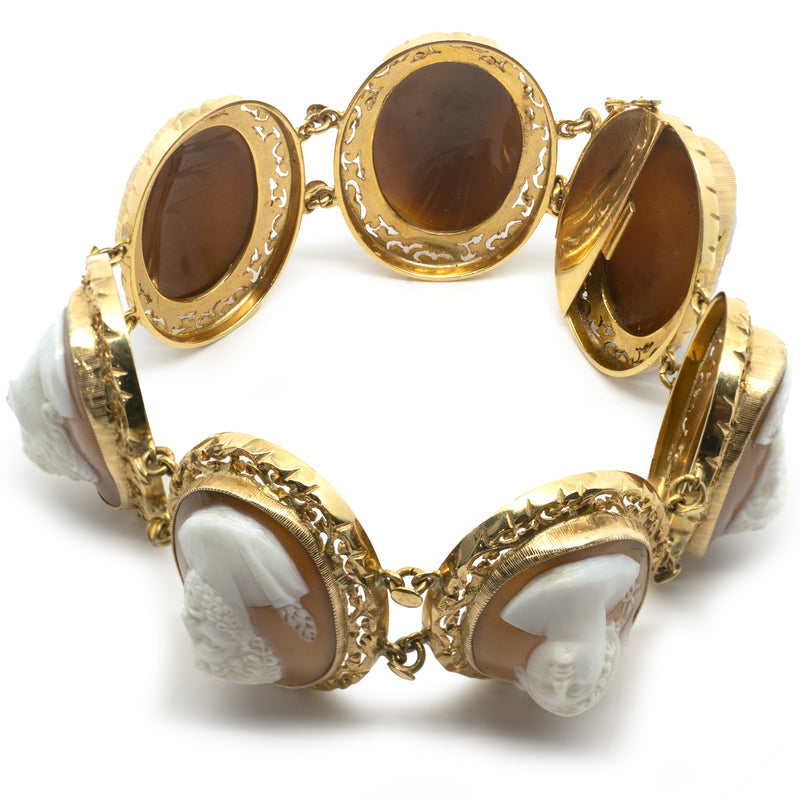 18 Karat Yellow Gold Vintage Ornate Carved Cameo Bracelet