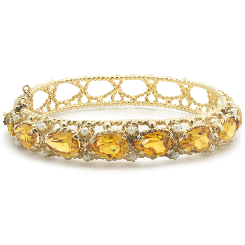 14 Karat Yellow Gold Vintage Lab Created Orange Sapphire and Seed Pearl Bangle Bracelet