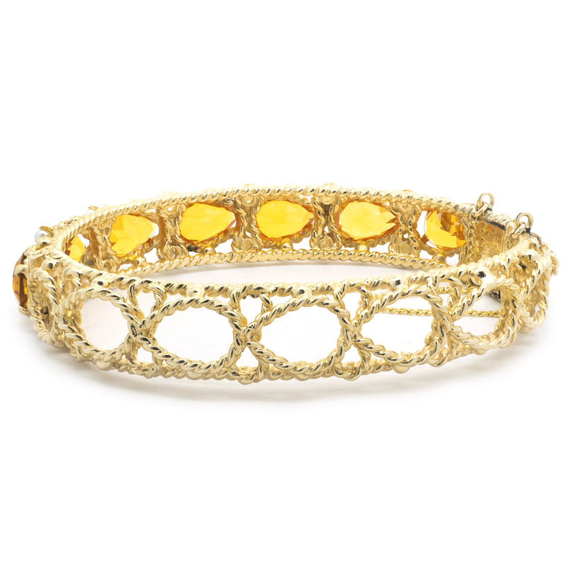 14 Karat Yellow Gold Vintage Lab Created Orange Sapphire and Seed Pearl Bangle Bracelet