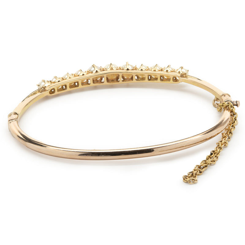 14 Karat Yellow Gold Vintage Pearl Bangle Bracelet