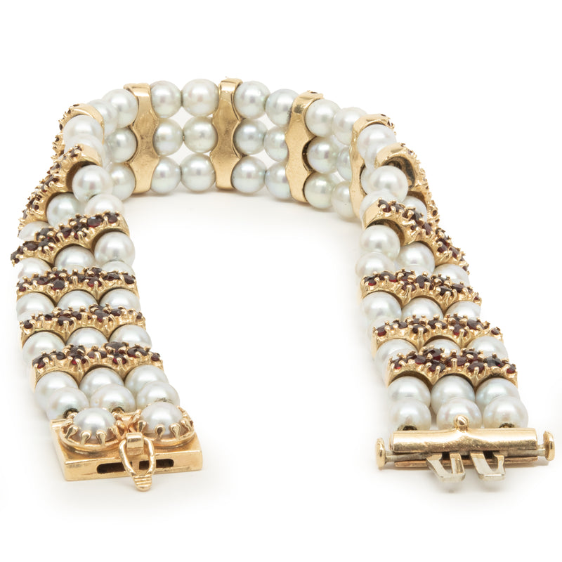 14 Karat Yellow Gold Vintage Cultured Pearl and Garnet Bracelet