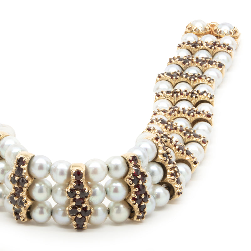 14 Karat Yellow Gold Vintage Cultured Pearl and Garnet Bracelet