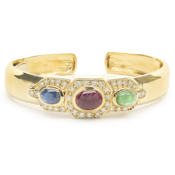 18 Karat Yellow Gold Cabochon Ruby, Sapphire, Emerald and Diamond Cuff Bracelet