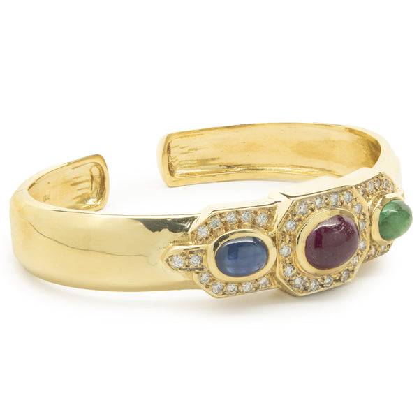 18 Karat Yellow Gold Cabochon Ruby, Sapphire, Emerald and Diamond Cuff Bracelet