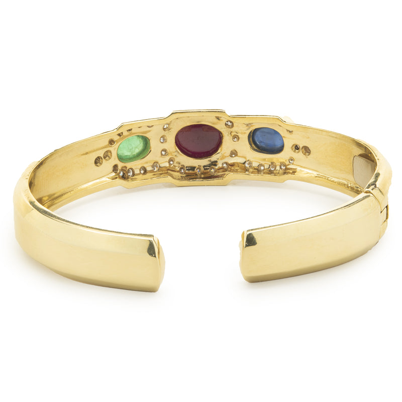 18 Karat Yellow Gold Cabochon Ruby, Sapphire, Emerald and Diamond Cuff Bracelet