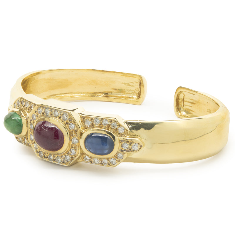 18 Karat Yellow Gold Cabochon Ruby, Sapphire, Emerald and Diamond Cuff Bracelet