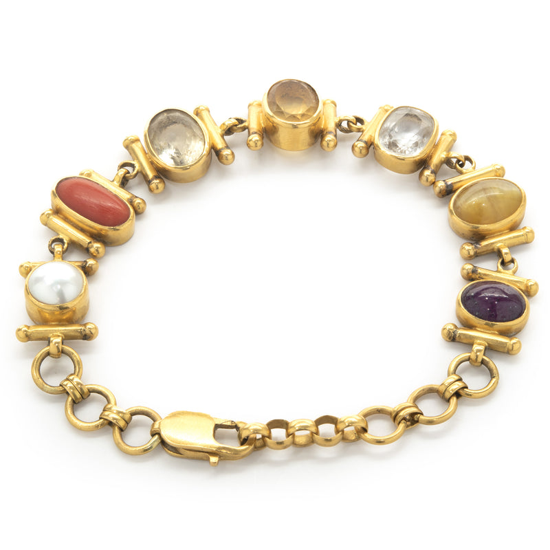21 Karat Yellow Gold Bezel Set Multi Gemstone Ornate Link Bracelet