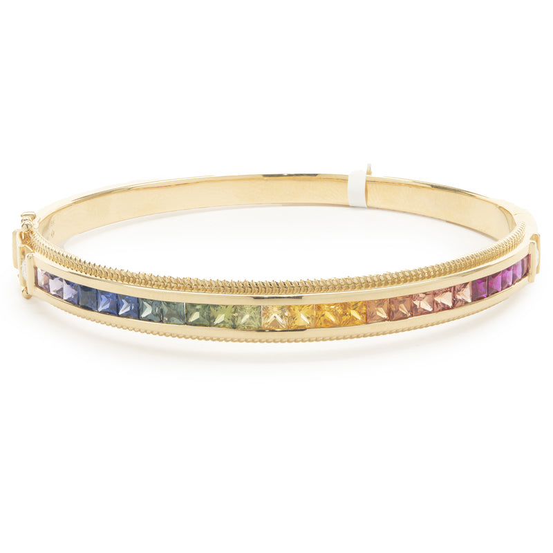 18 Karat Yellow Gold Channel Set Rainbow Sapphire and Diamond Bangle Bracelet