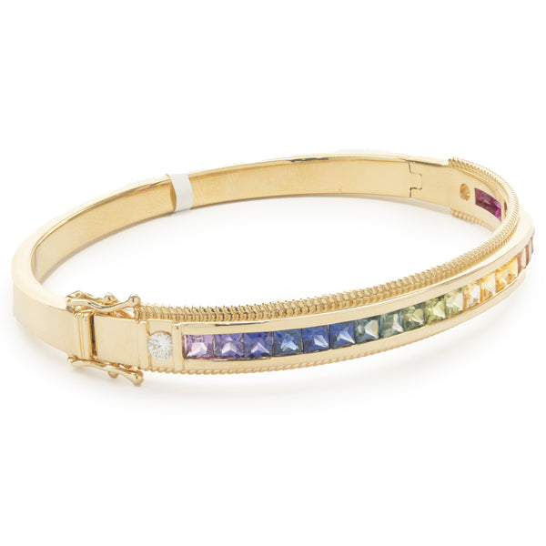 18 Karat Yellow Gold Channel Set Rainbow Sapphire and Diamond Bangle Bracelet
