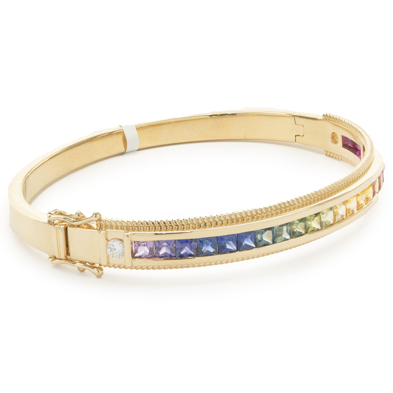 18 Karat Yellow Gold Channel Set Rainbow Sapphire and Diamond Bangle Bracelet
