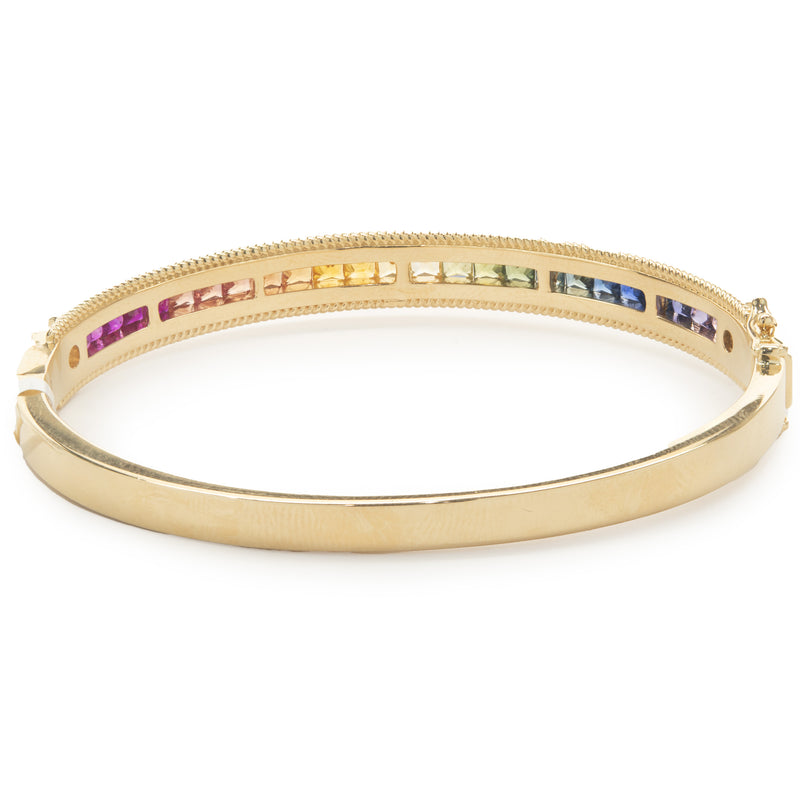 18 Karat Yellow Gold Channel Set Rainbow Sapphire and Diamond Bangle Bracelet