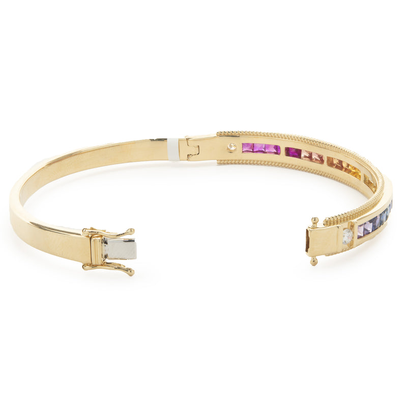 18 Karat Yellow Gold Channel Set Rainbow Sapphire and Diamond Bangle Bracelet