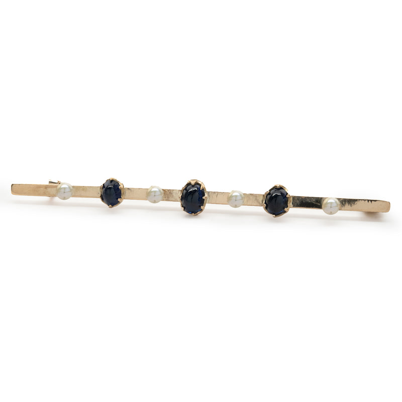 14 Yellow Gold Vintage Sapphire and Pearl Bar Pin