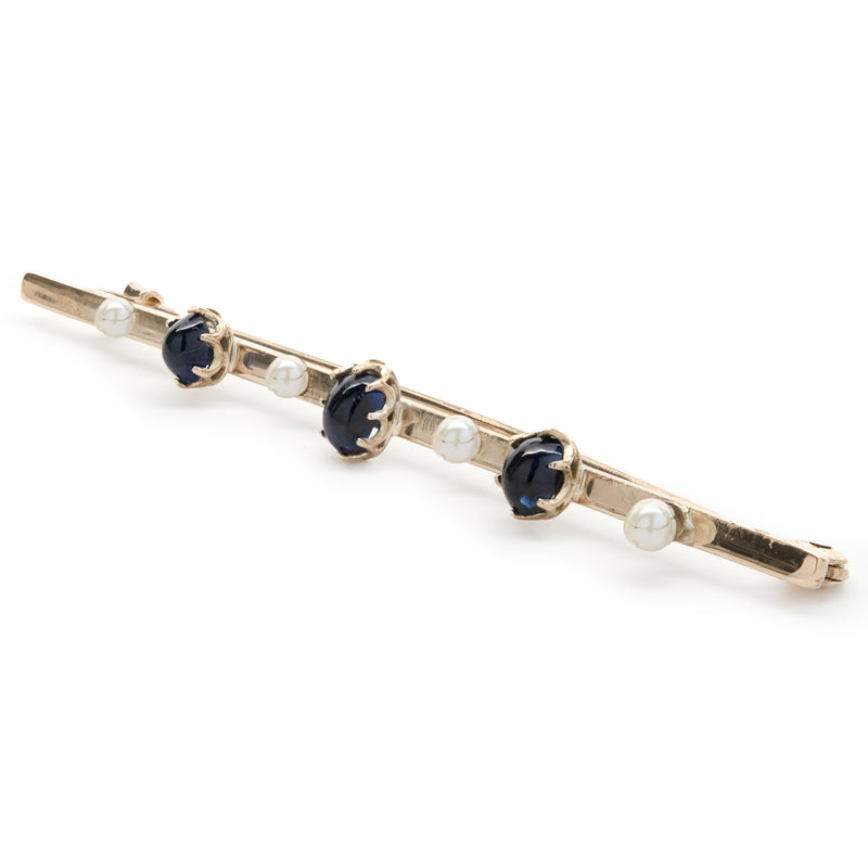 14 Yellow Gold Vintage Sapphire and Pearl Bar Pin