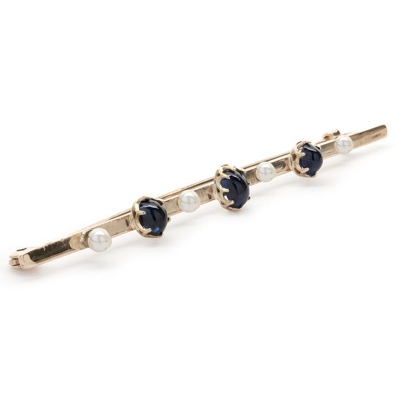 14 Yellow Gold Vintage Sapphire and Pearl Bar Pin