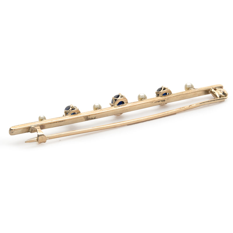 14 Yellow Gold Vintage Sapphire and Pearl Bar Pin