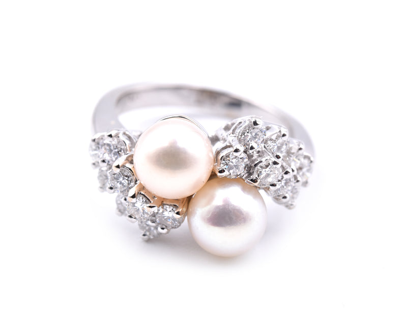 14k White Gold Cultured Akoya Pearl and Diamond Ring