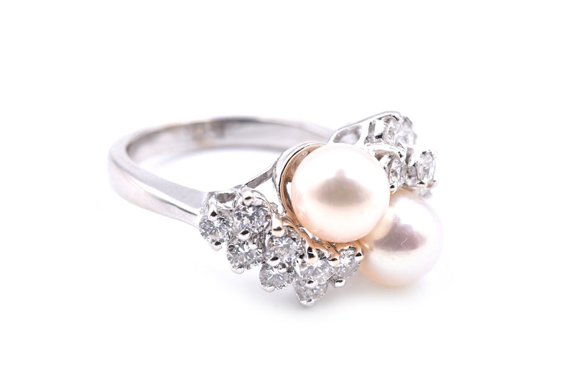 14k White Gold Cultured Akoya Pearl and Diamond Ring