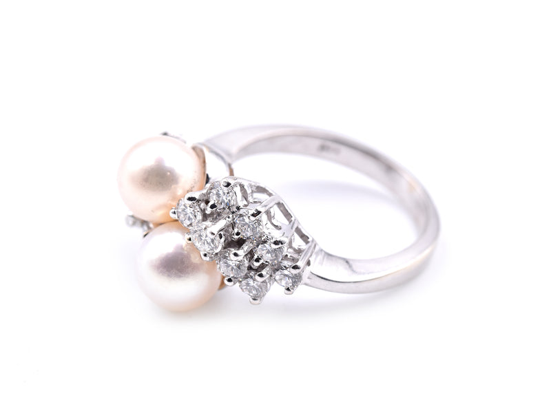 14k White Gold Cultured Akoya Pearl and Diamond Ring