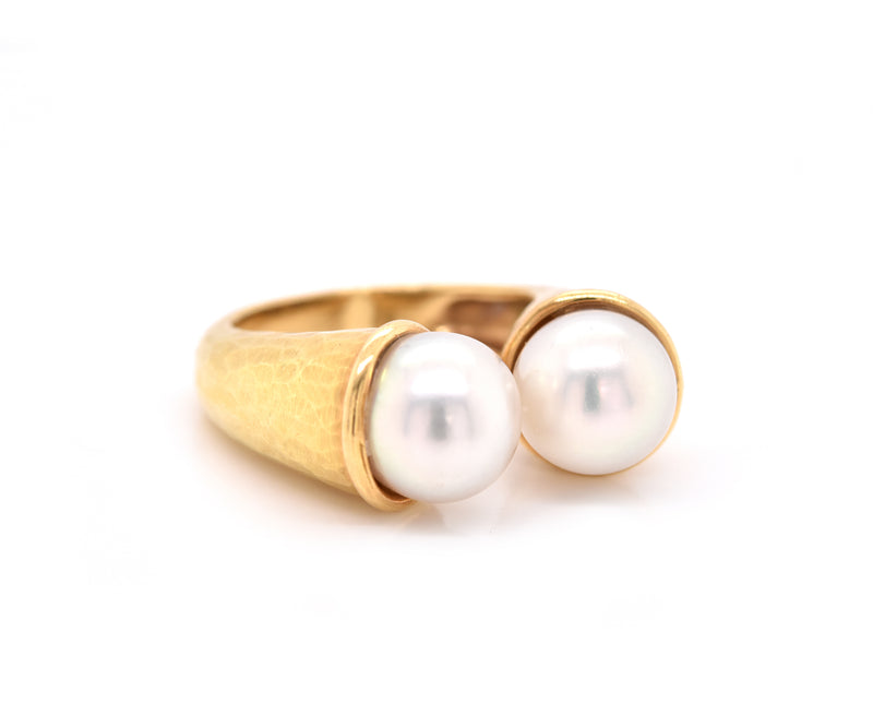 18k Yellow Gold Hammered Cultured Pearl Ring