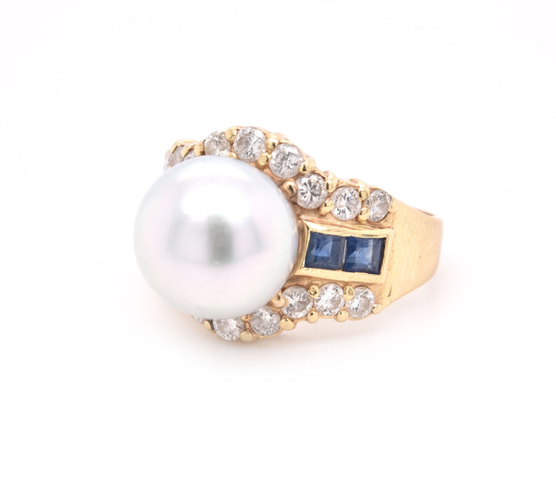 14 Karat Yellow Gold Pearl, Diamond, and Sapphire Fashion Ring