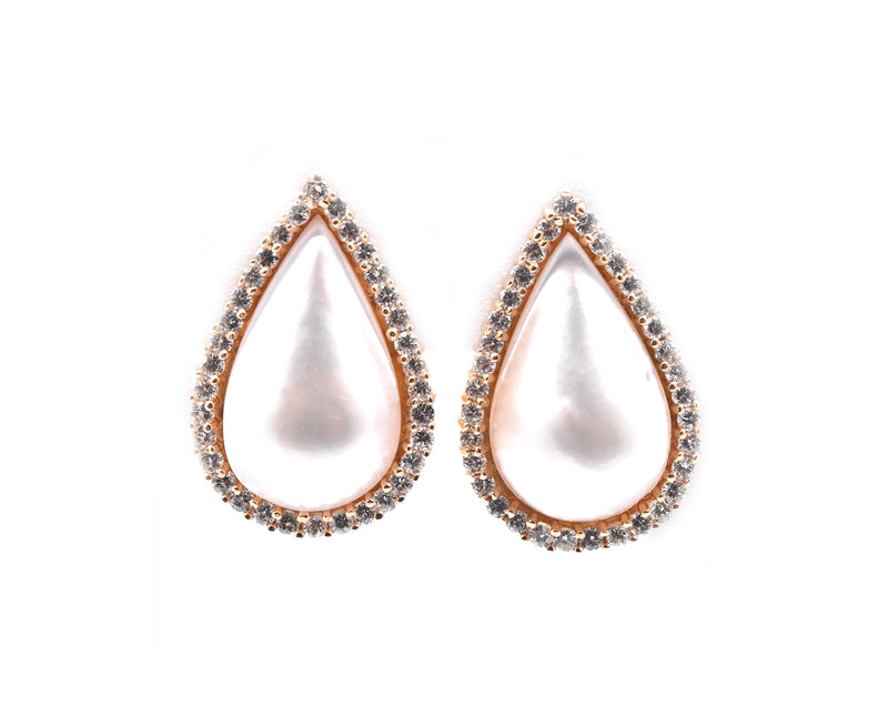 14 Karat Yellow Gold Mabe Pearl and Diamond Pear Shaped Earrings
