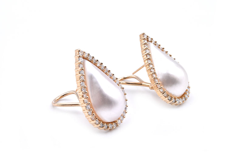 14 Karat Yellow Gold Mabe Pearl and Diamond Pear Shaped Earrings