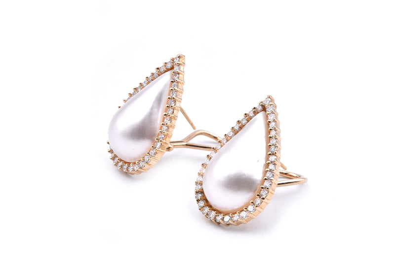14 Karat Yellow Gold Mabe Pearl and Diamond Pear Shaped Earrings