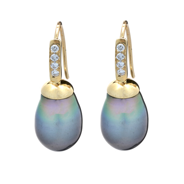14 Karat Yellow Gold Tahitian and Diamond Drop Earrings