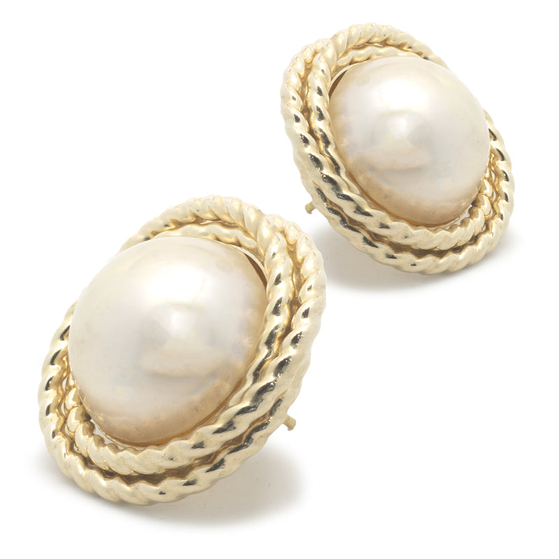 14 Karat Yellow Gold Vintage Mabe Pearl Swirl Earrings