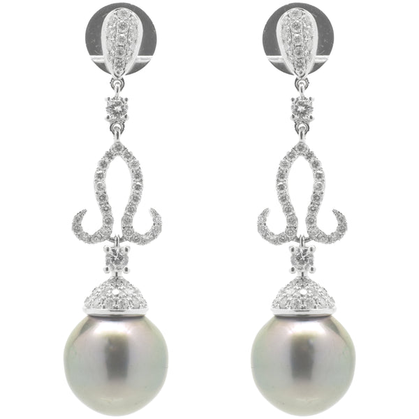 18 Karat White Gold Ornate Tahitian Pearl Drop Earrings