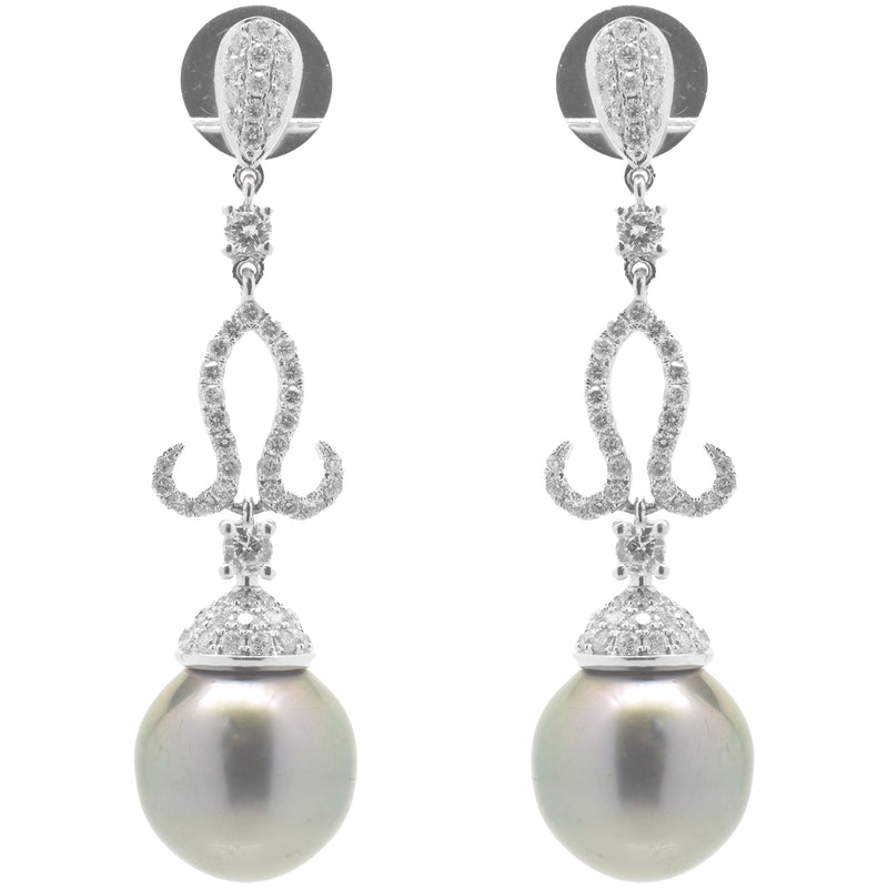 18 Karat White Gold Ornate Tahitian Pearl Drop Earrings