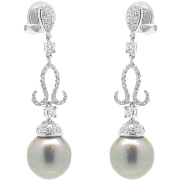 18 Karat White Gold Ornate Tahitian Pearl Drop Earrings