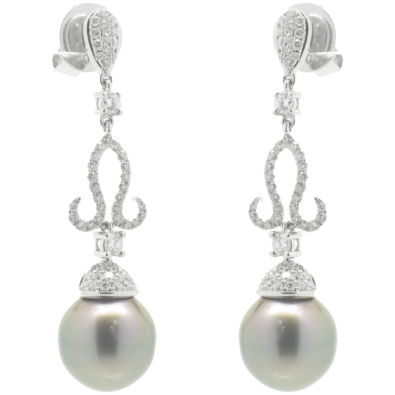 18 Karat White Gold Ornate Tahitian Pearl Drop Earrings