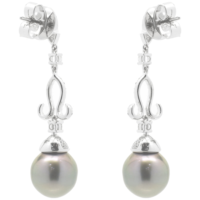 18 Karat White Gold Ornate Tahitian Pearl Drop Earrings