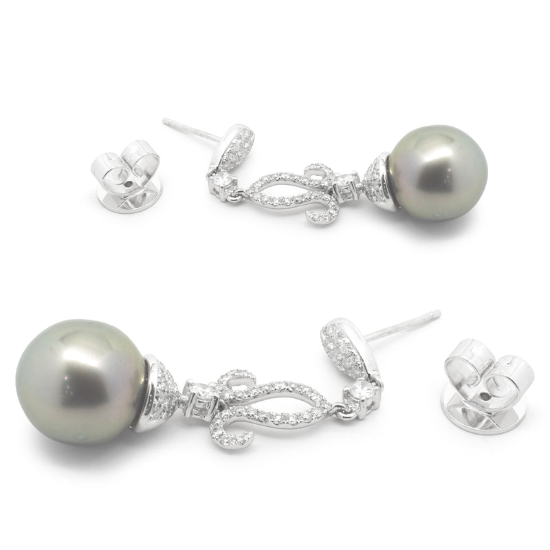 18 Karat White Gold Ornate Tahitian Pearl Drop Earrings