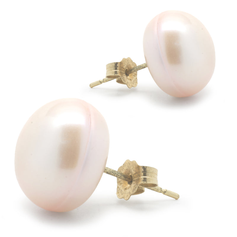 14 Karat Yellow Gold Pink Pearl Button Stud Earrings