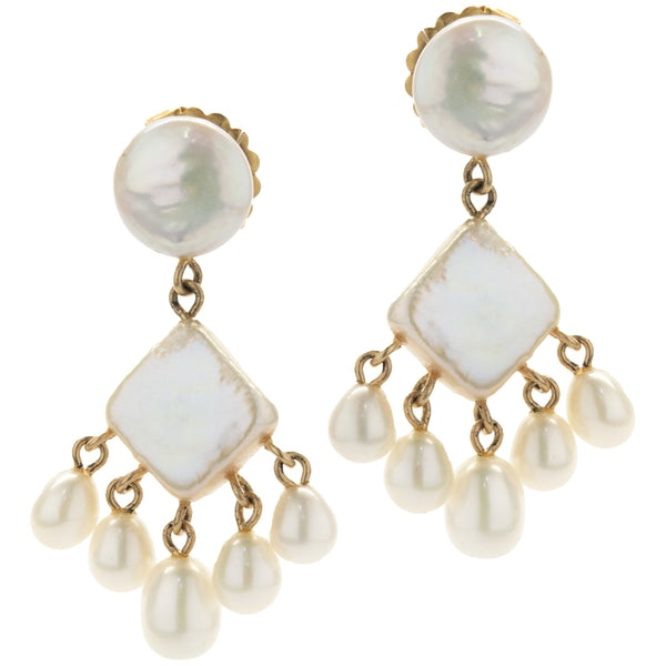 14 Karat Yellow Gold Mother of Pearl Earrings with Potato Pearl Drops