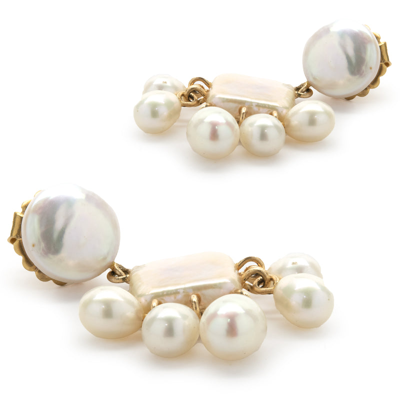 14 Karat Yellow Gold Mother of Pearl Earrings with Potato Pearl Drops