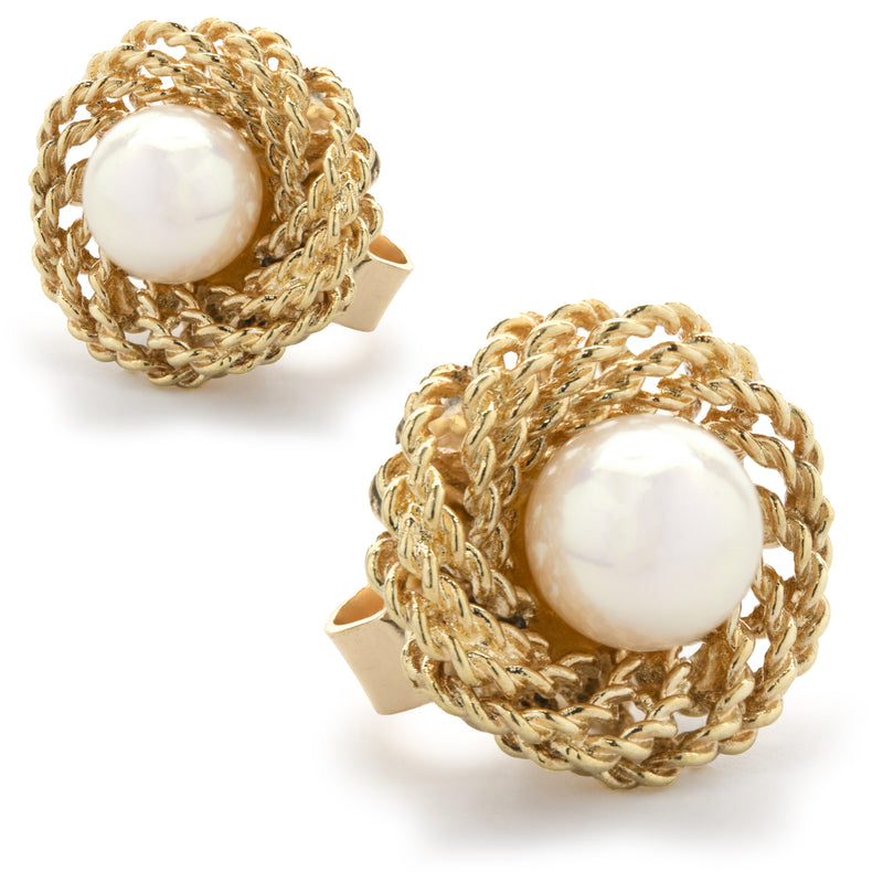 14 Karat Yellow Gold Twisted Pearl Stud Earrings