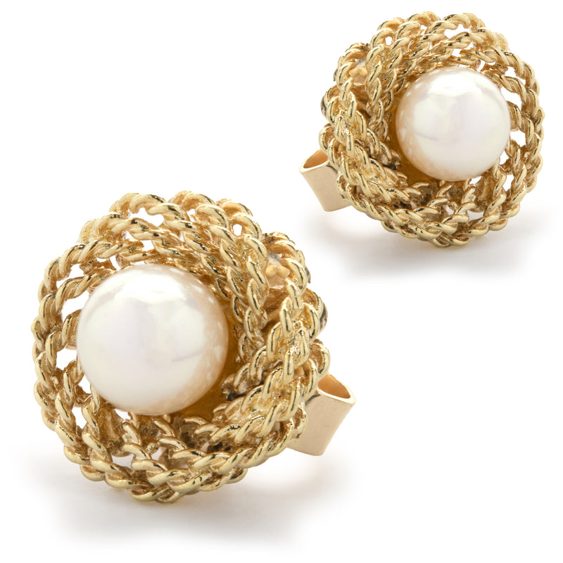14 Karat Yellow Gold Twisted Pearl Stud Earrings