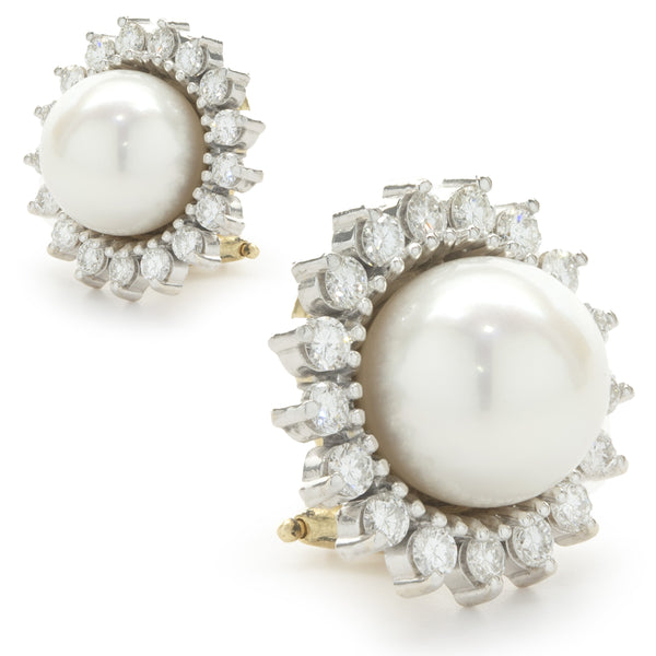 14 Karat Yellow Gold Pearl and Diamond Halo Earrings