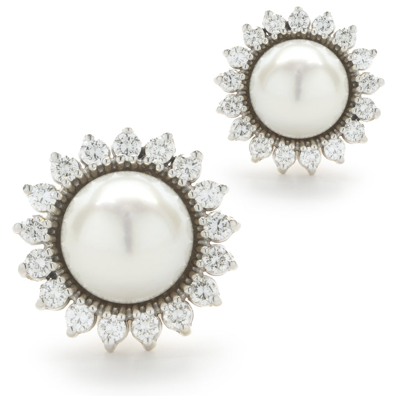 14 Karat Yellow Gold Pearl and Diamond Halo Earrings
