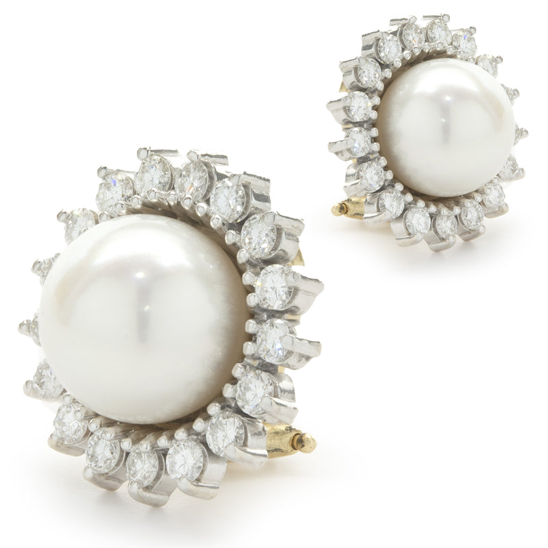 14 Karat Yellow Gold Pearl and Diamond Halo Earrings