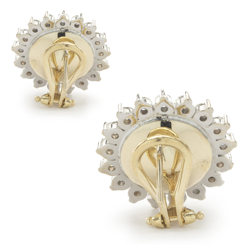14 Karat Yellow Gold Pearl and Diamond Halo Earrings