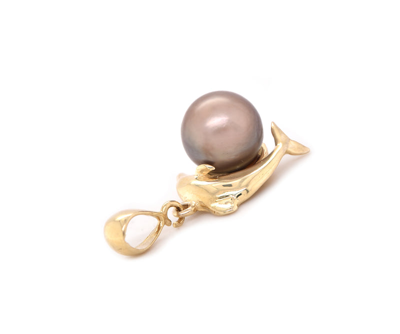 14 Karat Yellow Gold Grey Pearl Dolphin Pendant
