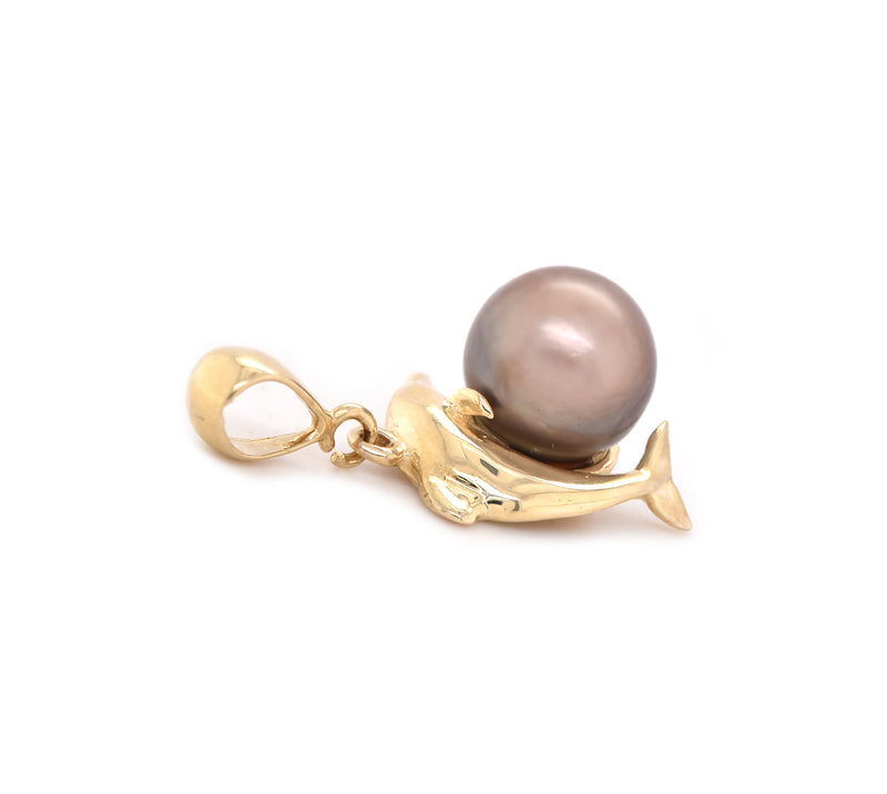 14 Karat Yellow Gold Grey Pearl Dolphin Pendant