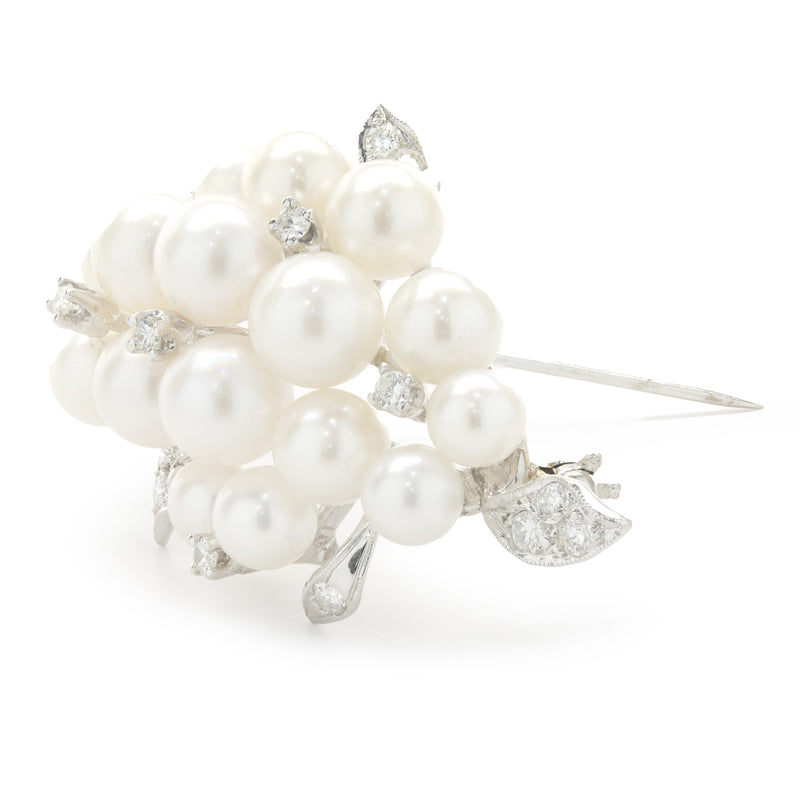 14k White Gold Diamond and Cluster Pearl Brooch