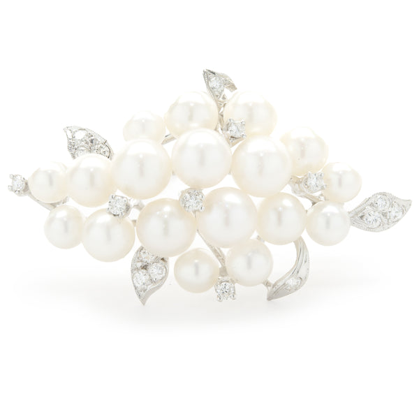 14k White Gold Diamond and Cluster Pearl Brooch