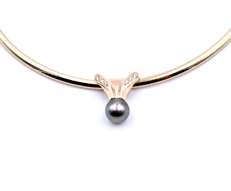 14k Yellow Gold Tahitian Pearl and Diamond Slide Pendant Necklace